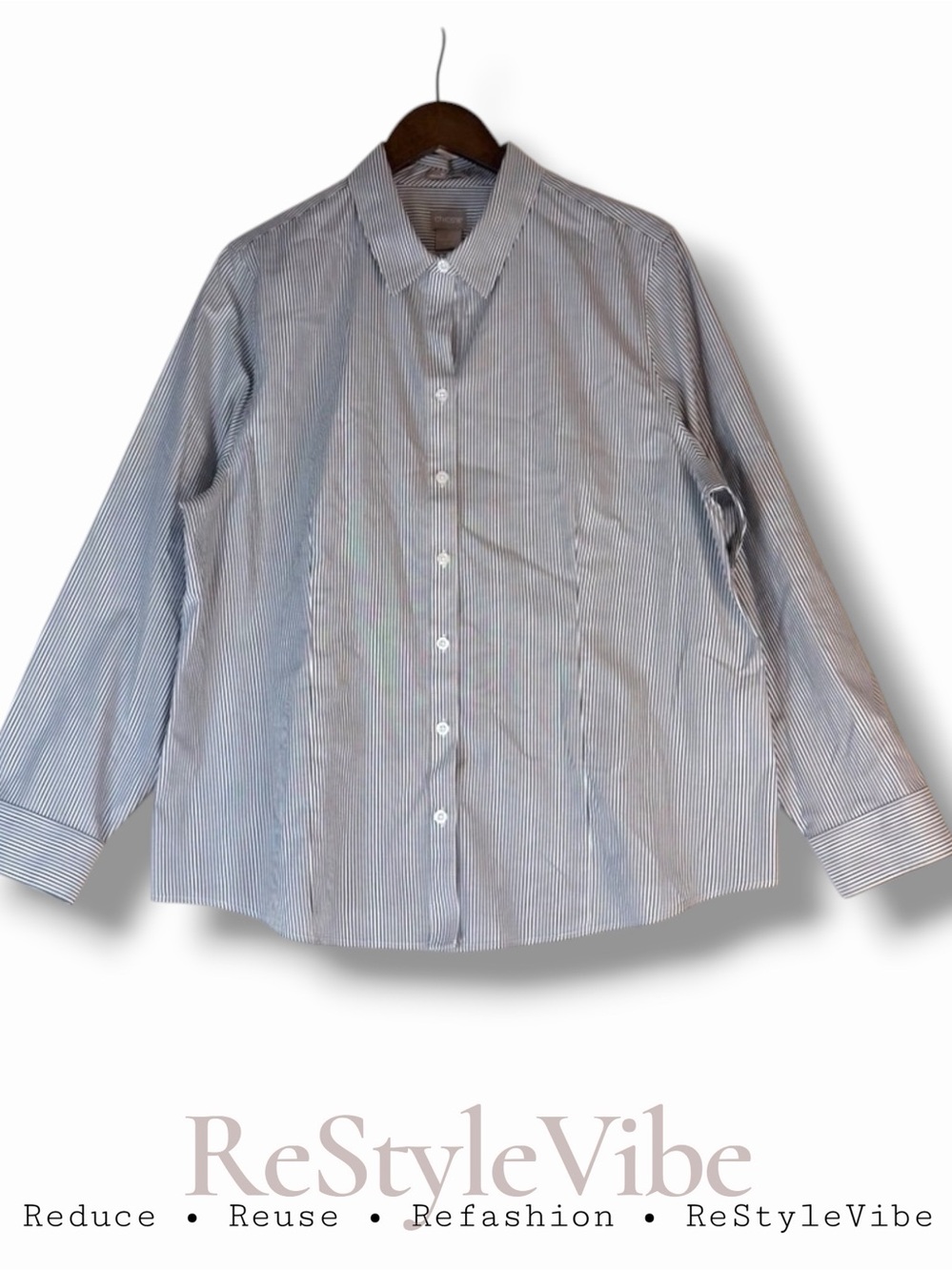 CHICOS Women’s Size 3 XL 16 Top Shirt Button Down Striped Collar Long Sleeve